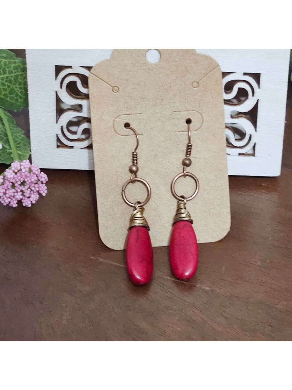 Red Turquoise Stone Dangle Earrings Rustic Copper - Picture 2 of 3